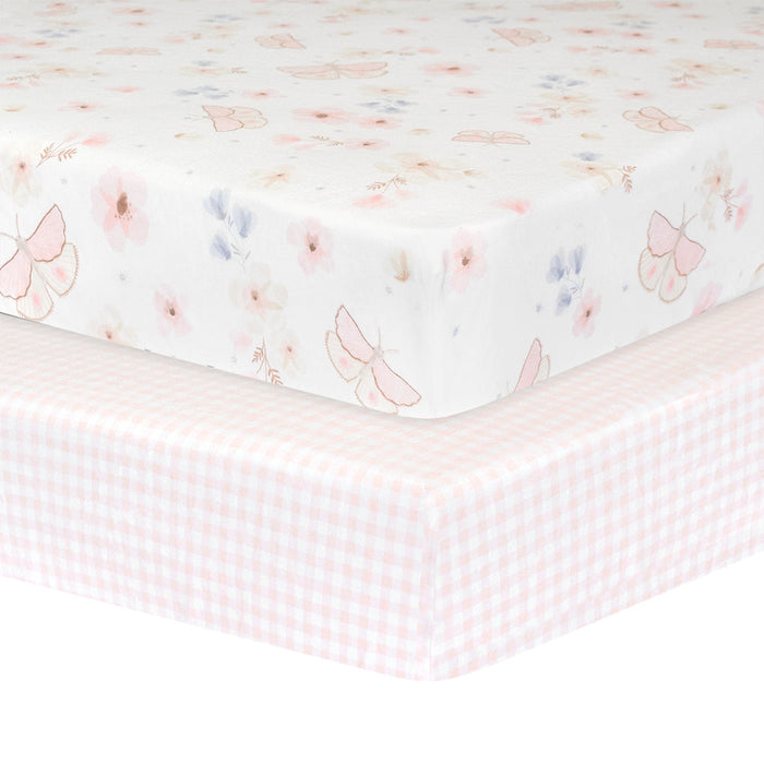 Living Textiles 2-pack Jersey Cot Fitted Sheet Butterfly/Blush Gingham - Pre Order August