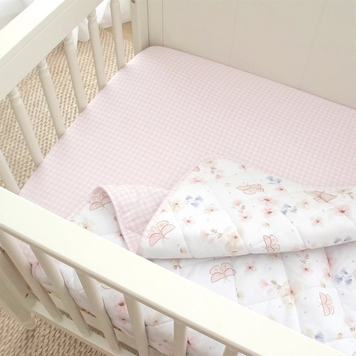 Living Textiles Reversable Jersey Cot Comforter- Butterfly/Blush Gingham - Pre Order August