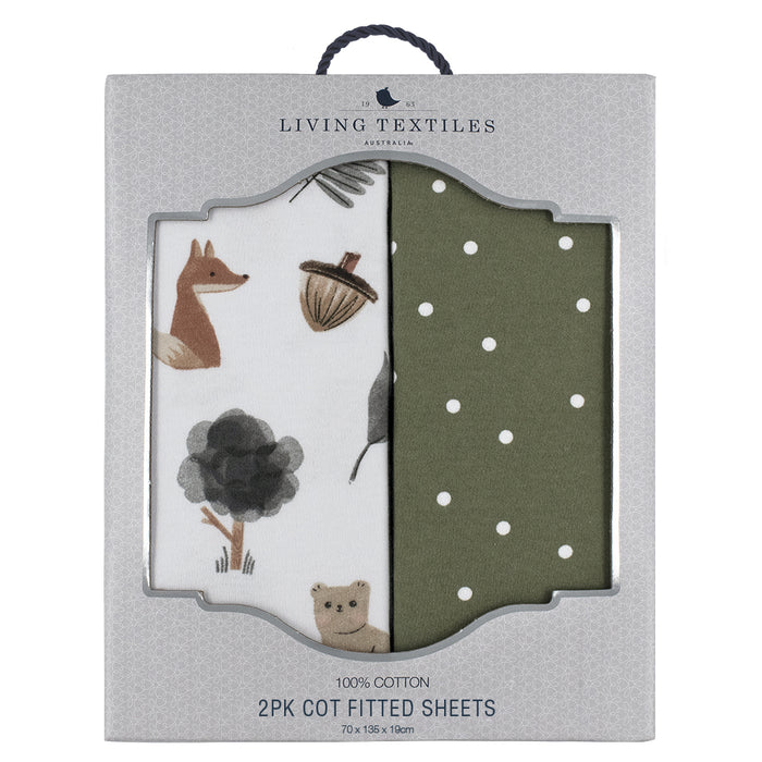 Living Textiles 2-pack Jersey Cot Fitted Sheet Forest Retreat/Olive Dots - Pre order Mid August